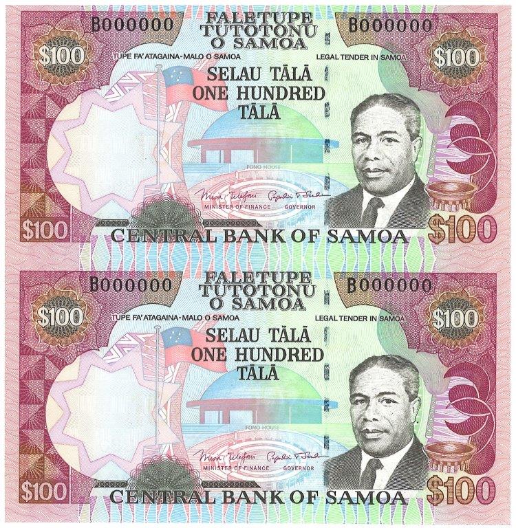 Samoa, 100 tala BLOCK OF 2 NOTES issued in 2002/05 UNCIRCULATED ...